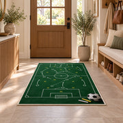 soccer tactics chalkboard rug in an entryway with a wooden door and bench