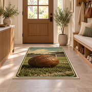 vintage leather soccer ball rug in an entryway with a wooden door and bench