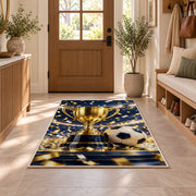 gold trophy and soccer ball rug in an entryway with a wooden door and bench