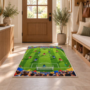 cartoon kids soccer match rug in an entryway with a wooden door and bench