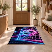 neon soccer ball and goal rug in an entryway with a wooden door and bench