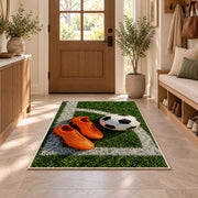 orange soccer cleats and ball rug in an entryway with a wooden door and bench