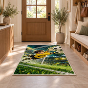 goalkeeper diving save rug in an entryway with a wooden door and bench