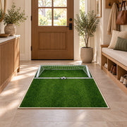 soccer goal top view rug in an entryway with a wooden door and bench