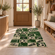 retro checkered soccer pattern rug in an entryway with a wooden door and bench