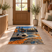 street soccer court rug in an entryway with a wooden door and bench