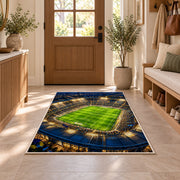 soccer stadium at night rug in an entryway with a wooden door and bench