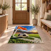 corner flag and soccer ball rug in an entryway with a wooden door and bench