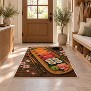 Sushi Platter Rug in an entryway with a wooden door and bench
