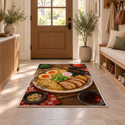 Ramen Bowl Rug in an entryway with a wooden door and bench