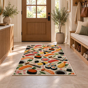 Sushi Pattern Rug in an entryway with a wooden door and bench