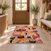 Kawaii Sushi Rug in an entryway with a wooden door and bench