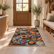 Conveyor Belt Sushi Rug in an entryway with a wooden door and bench