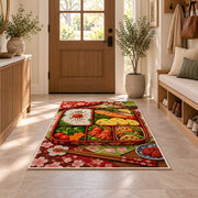 Bento Box Rug in an entryway with a wooden door and bench