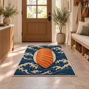 Salmon Nigiri Rug in an entryway with a wooden door and bench