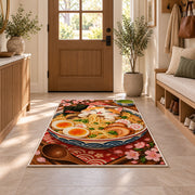 Cat Ramen Rug in an entryway with a wooden door and bench