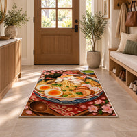 Cat Ramen Rug in an entryway with a wooden door and bench
