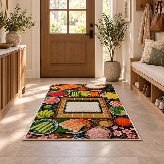 Sushi Making Rug in an entryway with a wooden door and bench