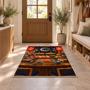 Sushi Bar Rug in an entryway with a wooden door and bench
