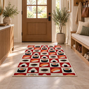 Checkered Sushi Rug in an entryway with a wooden door and bench