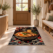Ramen Bowl on Black Rug in an entryway with a wooden door and bench