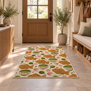 Taiyaki and Matcha Rug in an entryway with a wooden door and bench