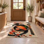 Minimalist Sushi Rug in an entryway with a wooden door and bench