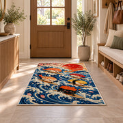 Surfing Sushi Rug in an entryway with a wooden door and bench