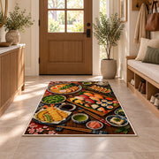 Japanese Feast Rug in an entryway with a wooden door and bench