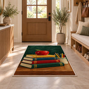 Teacher Apple Rug in an entryway with a wooden door and bench