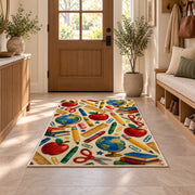 School Supplies Pattern Rug in an entryway with a wooden door and bench