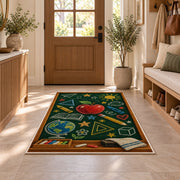 Chalkboard Doodle Rug in an entryway with a wooden door and bench