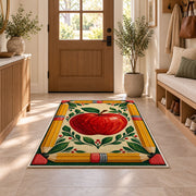 Pencil Frame Apple Rug in an entryway with a wooden door and bench