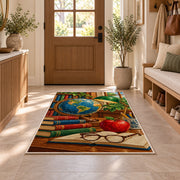 Vintage Globe Teacher Rug in an entryway with a wooden door and bench