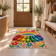 Crayon Rainbow Rug in an entryway with a wooden door and bench
