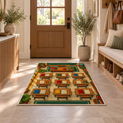 Classroom Desks Rug in an entryway with a wooden door and bench