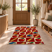 Apple Checkered Rug in an entryway with a wooden door and bench