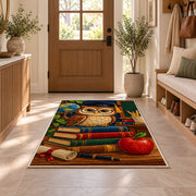 Wise Owl Teacher Rug in an entryway with a wooden door and bench