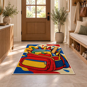 Backpack School Rug in an entryway with a wooden door and bench