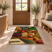 Teacher Desk Rug in an entryway with a wooden door and bench