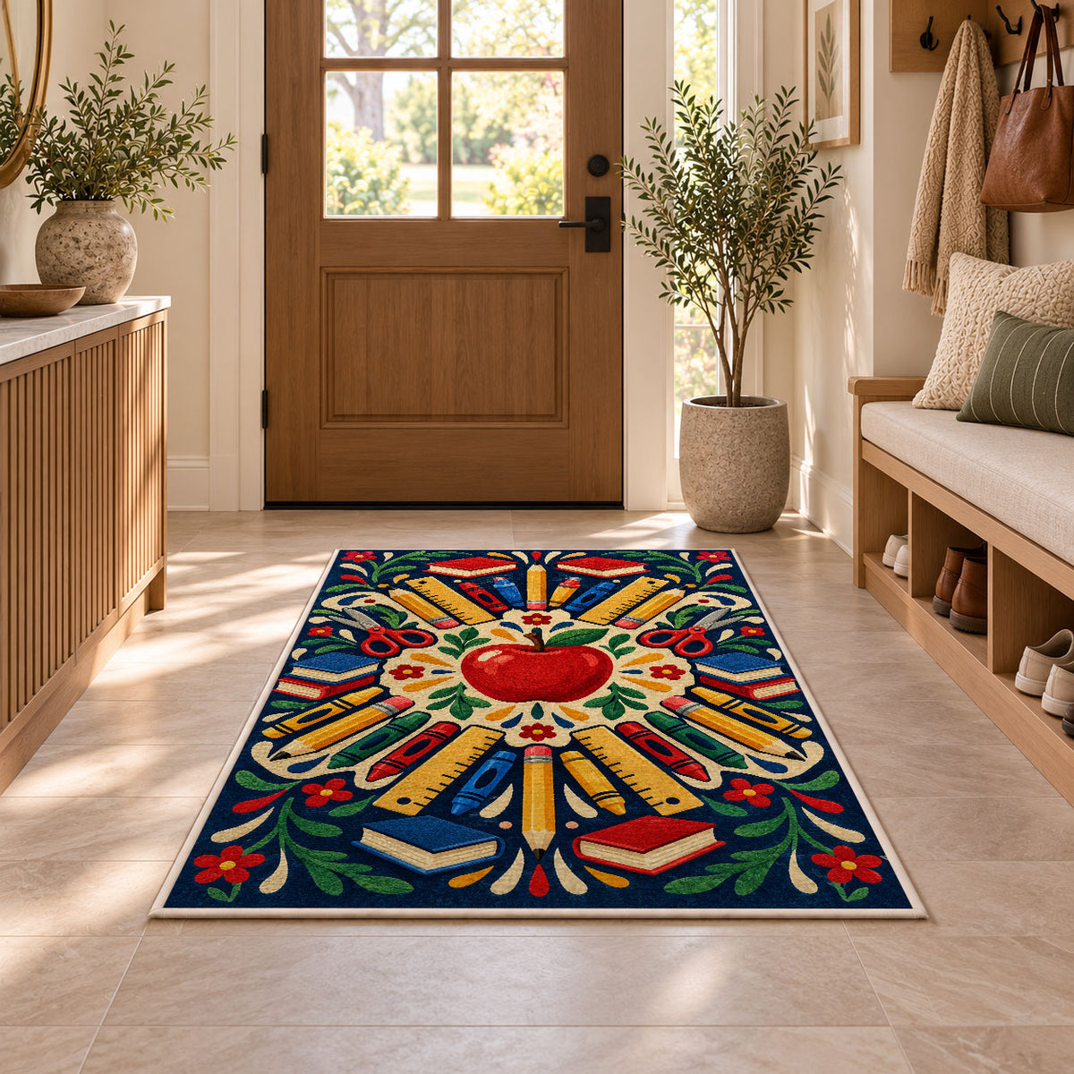 School Supplies Mandala Rug in an entryway with a wooden door and bench