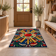 School Supplies Mandala Rug in an entryway with a wooden door and bench