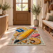 Giant Pencil Rug in an entryway with a wooden door and bench