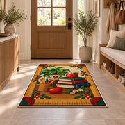 Ruler Border Teacher Rug in an entryway with a wooden door and bench