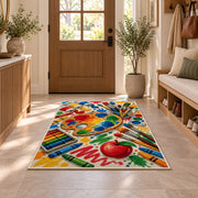 Art Teacher Rug in an entryway with a wooden door and bench