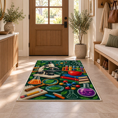 Science Teacher Rug in an entryway with a wooden door and bench