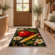 Apple and Pencil Rug in an entryway with a wooden door and bench