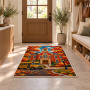 Autumn Schoolhouse Rug in an entryway with a wooden door and bench