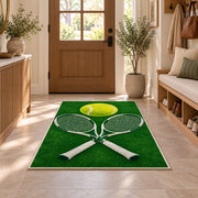 Tennis Rackets and Ball Rug in an entryway with a wooden door and bench
