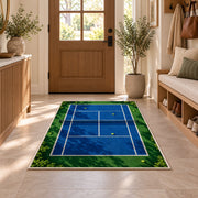 Tennis Court Rug in an entryway with a wooden door and bench